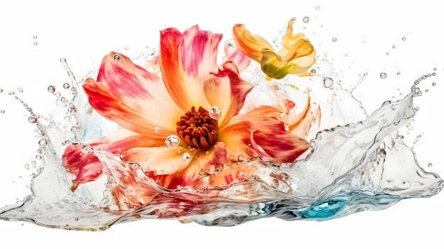 Explosão de flores coloridas no cosmos de água rodopiante capturada através de fotografia de alta velocidade com uma aura de respingo em movimento