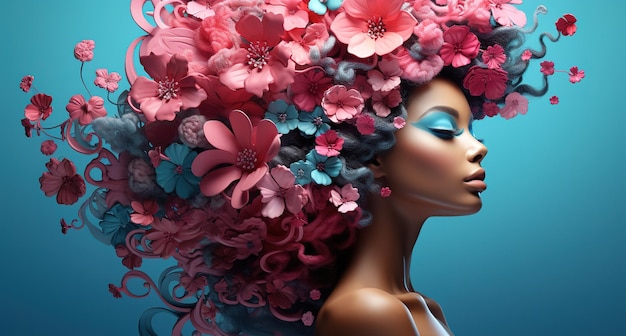 Explosão de flores Retrato surrealista de uma mulher com cabelos floridos