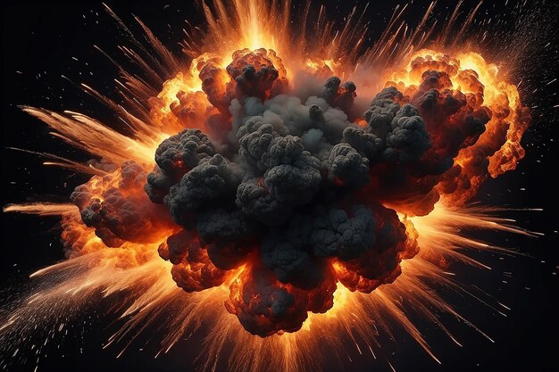Explosão de fogo extremamente quente com faíscas e fumaça contra fundo preto
