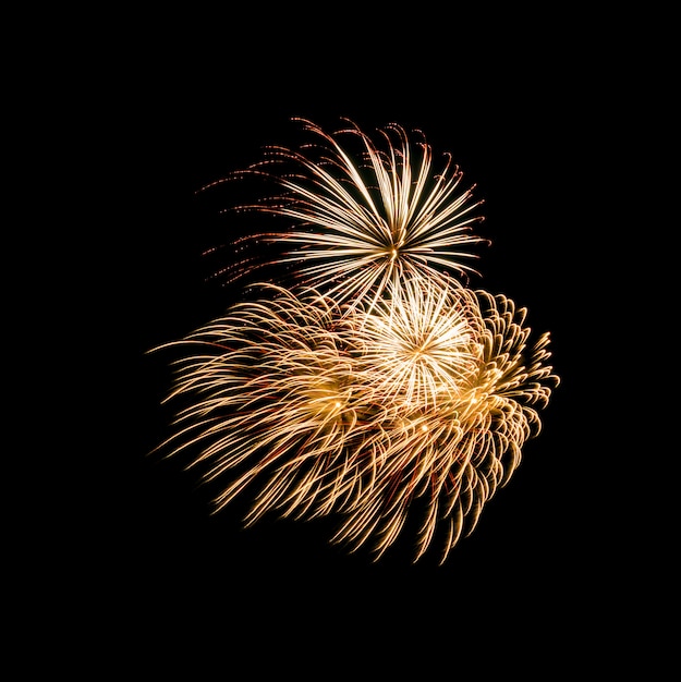 Explosão de fogos de artifício de ouro e vermelho no céu negro