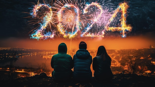 Explosão de fogos de artifício no céu noturno celebrando um feliz ano novo 2024 Lançamento nacional de fogos de artifício no belo céu para um dia de ano novo do ano 2024