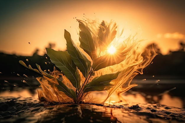Explosão de folha de planta com pôr do sol ao fundo