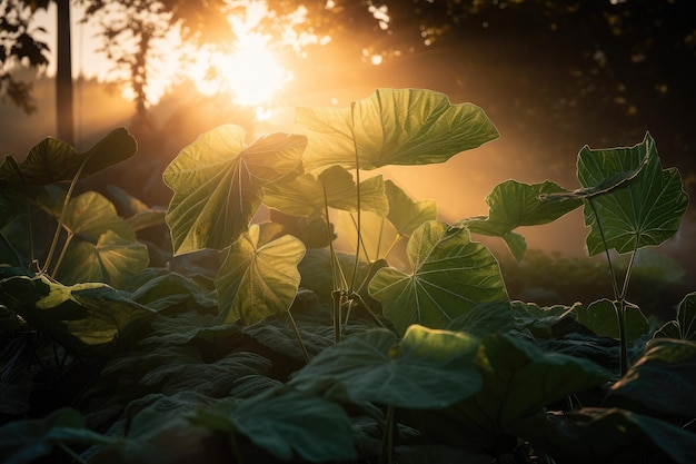 Explosão de folhas de plantas ao amanhecer com o sol brilhando através das folhas