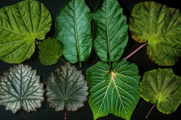 Explosão de folhas de plantas com close-up de folhas individuais, cada uma com padrões e texturas únicos