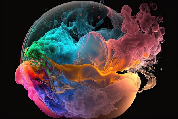 Explosão de fumaça multicolorida esférica na imagem abstrata de fundo preto