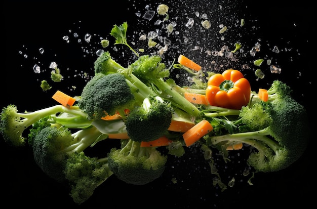 Foto explosão de legumes frescos no escuro