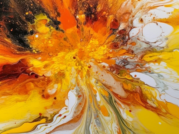 Explosão de luz do sol Crie uma imagem de arte fluida usando tons quentes de amarelo e laranja com toques de abstrato branco brilhante