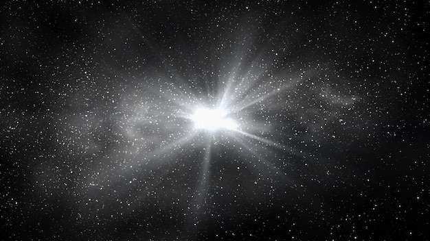Foto explosão de luz no espaço céu estrelado negro noturno e fundo horizontal de galáxia brilhante