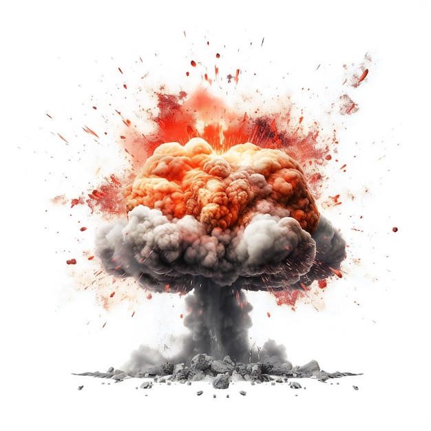 Explosão de nuvem de cogumelo de bomba atômica em fundo branco