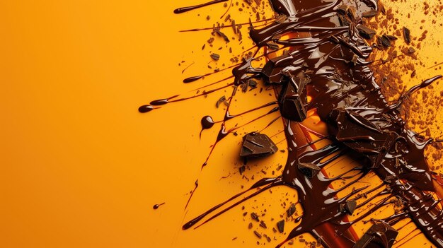 Explosão de pedaços de chocolate e chuva em um fundo laranja