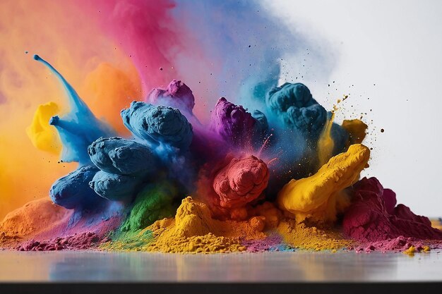 Explosão de pintura holi arco-íris vibrante com cor em pó em um fundo branco isolado