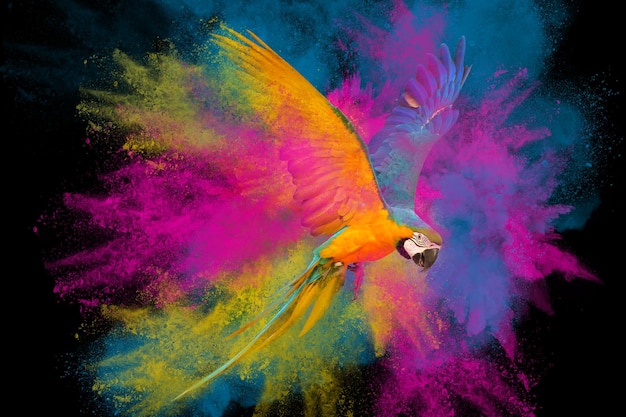 Explosão de pó colorido com papagaio de arara voando isolado em fundo preto.