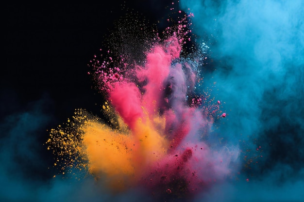 Explosão de pó colorido isolado em fundo preto Fundo colorido abstrato