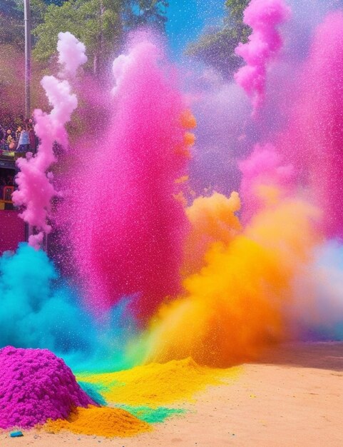 Explosão de pó colorido no arco-íris em flores de luxo brancas e coloridas