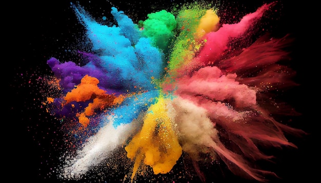 Explosão de pó colorido no conceito holi de fundo preto Generative AI