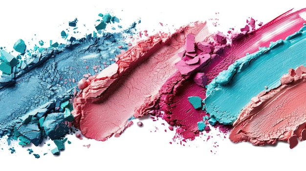 Explosão de pó cosmético vibrante mostrando um espectro de tons e texturas de maquiagem