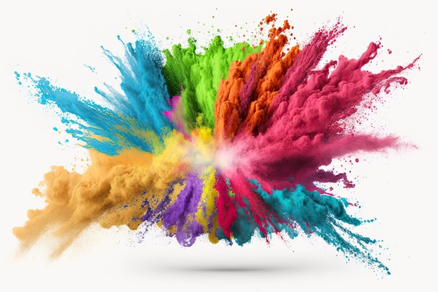 Foto explosão de pó de cor holi com arco-íris em fundo branco isolado explosão de cores vibrantes generative ai