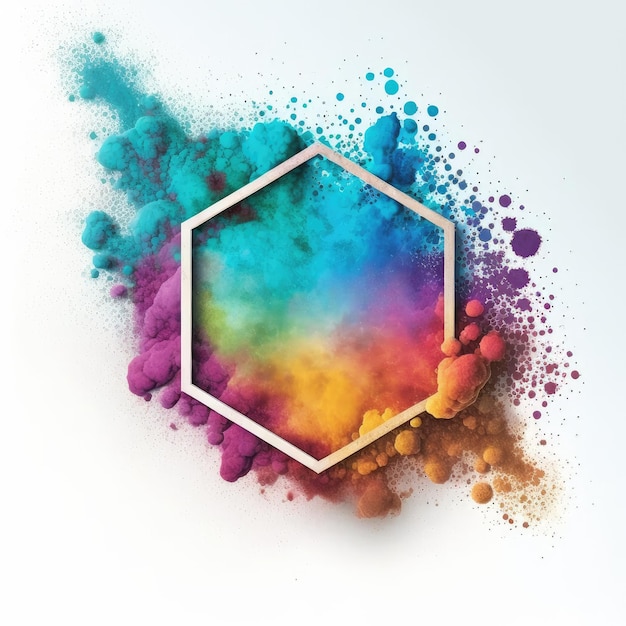 Explosão de pó multicolorido em forma de hexágono com fundo