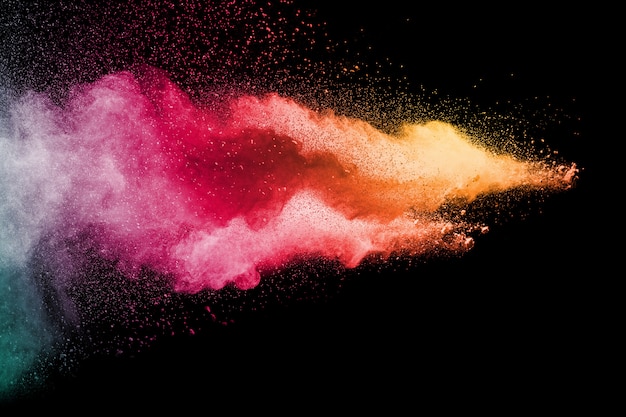 Foto explosão de pó multicolorido em fundo preto.