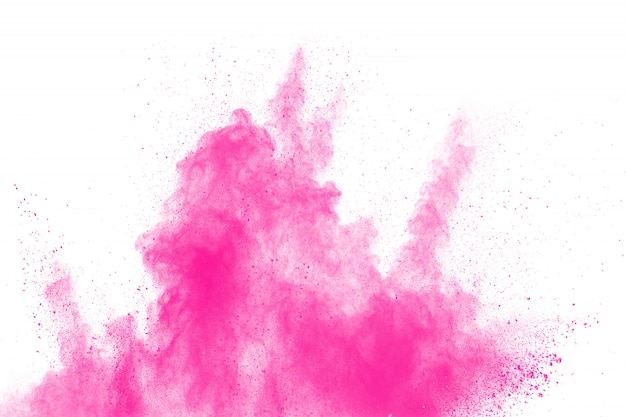 Explosão de poeira cor-de-rosa abstrata no fundo branco.