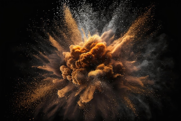Foto explosão de poeira de chamas no ar em fundo preto
