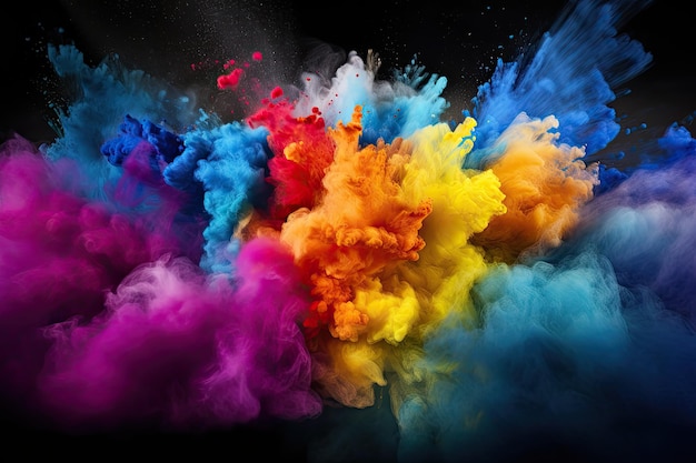 Explosão de pólvora colorida isolada em fundo preto Nuvem colorida abstrata Explosão colorida de pólvora abstrata em fundo preto Nuvem colorida Poeira colorida explode AI Gerada