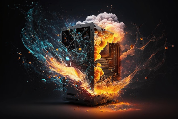 Explosão de servidor ou computador com fogo e fumaça