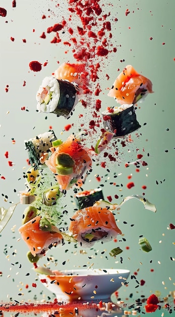 Explosão de sushi de fogos de artifício gastronômico e dispersão de ingredientes espumantes