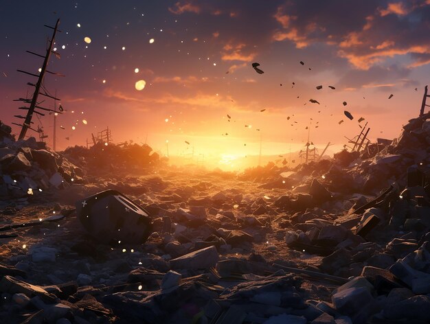 Explosão no pôr-do-sol numa elegante cena de lixo abandonado