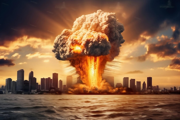 Explosão nuclear contra o pano de fundo de uma grande cidade no mar ou oceano Sunset Apocalypse War Ameaça nuclear Terceira Guerra Mundial