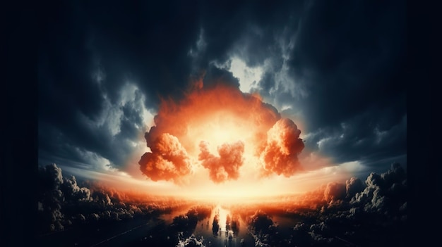 Foto explosão nuclear de dia ou de noite choque no céu tempestuoso
