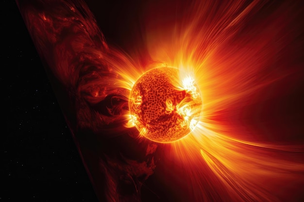 Explosão solar com vista para a superfície do sol e ejeção massiva de plasma vista do espaço