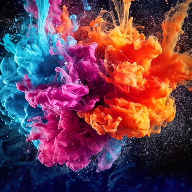 Explosión de agua colorida y textura de tinta en una nube colorida flotando
