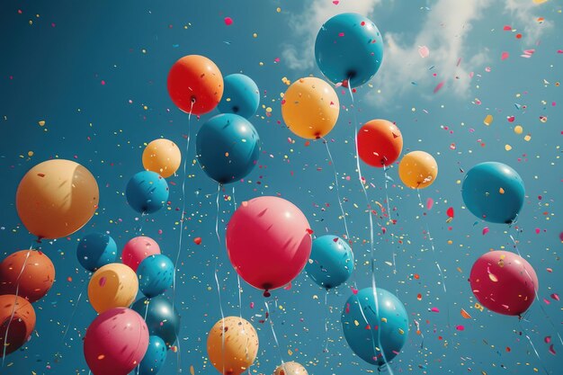 Una explosión alegre de globos de colores contra un cielo azul claro