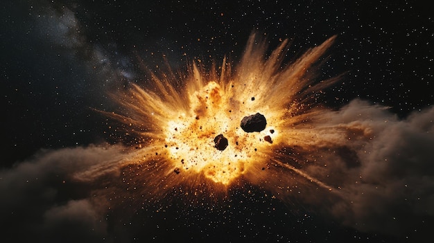 Explosión de asteroides ardientes en el espacio profundo con escombros cósmicos y galaxias