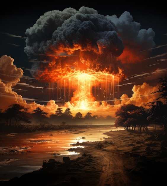 Explosión atómica de una bomba nuclear con una nube en forma de hongo de polvo radiactivo Una premonición de guerra nuclear