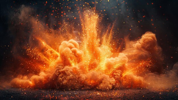Foto explosion auf schwarzem hintergrund mit funken und heißem rauch