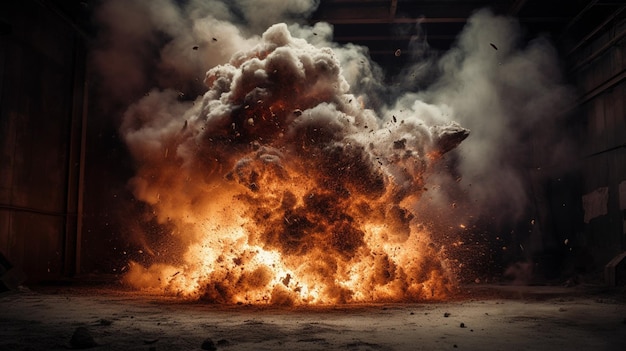 Una explosión de bola de fuego con un fondo negro y humo saliendo de ella