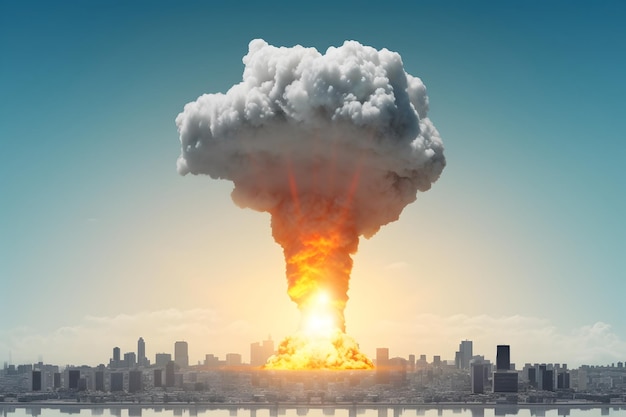 Explosión de una bomba nuclear sobre una ciudad durante la guerra mundial