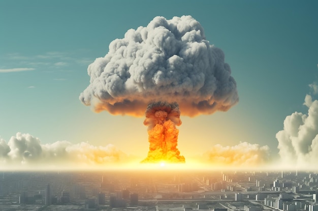 Explosión de una bomba nuclear sobre una ciudad durante la guerra mundial