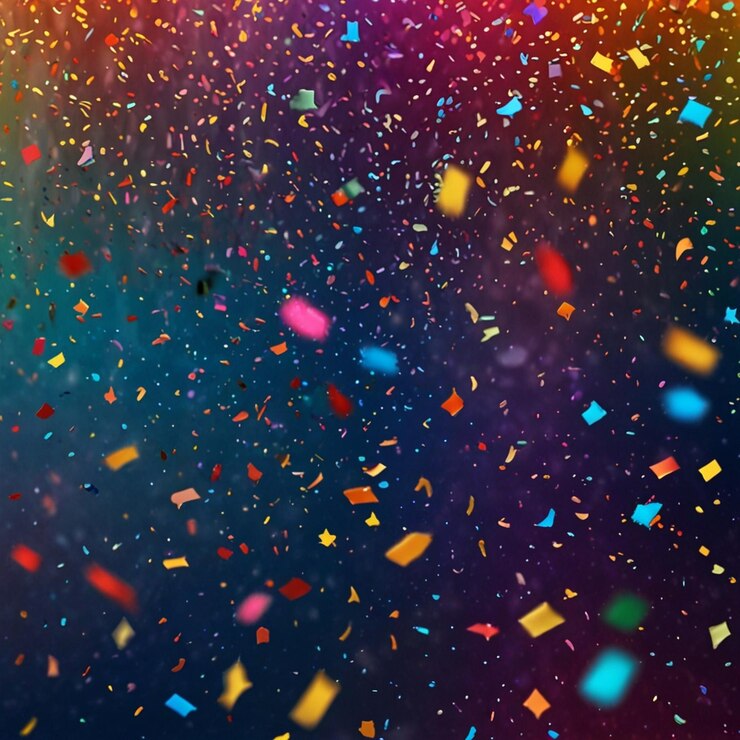 Explosión de brillo colorido de confeti en fondo azulado diseño de salpicaduras brillantes luces desenfocadas
