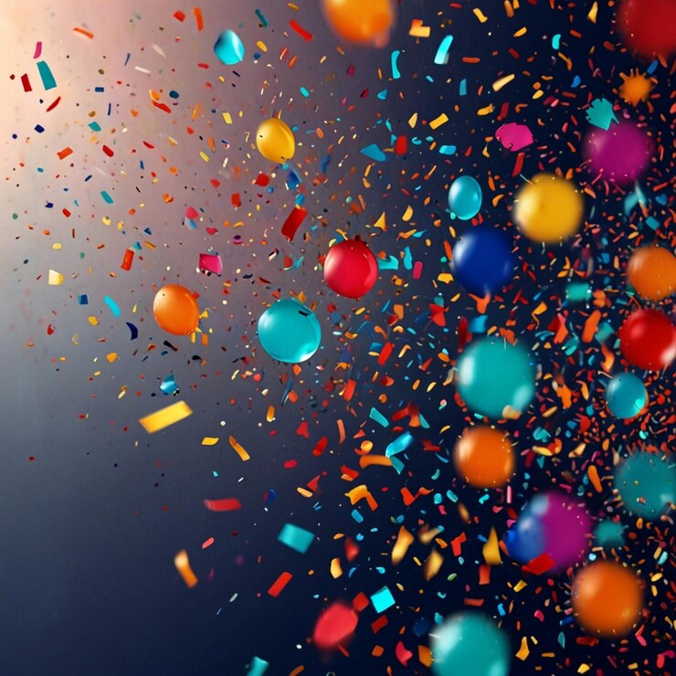 Explosión de brillo colorido de confeti en fondo azulado diseño de salpicaduras brillantes luces desenfocadas