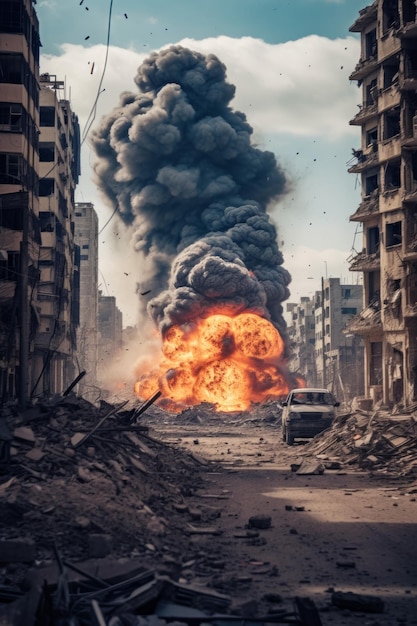 explosión en la ciudad conflicto militar devastación IA generativa