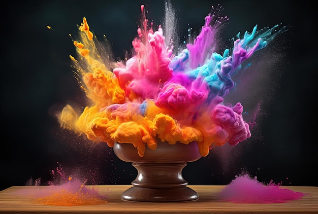 explosión de color sobre pedestal con polvo de colores