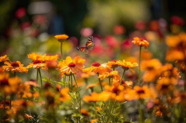 Explosión de colores en un jardín de flores con abejas y mariposas