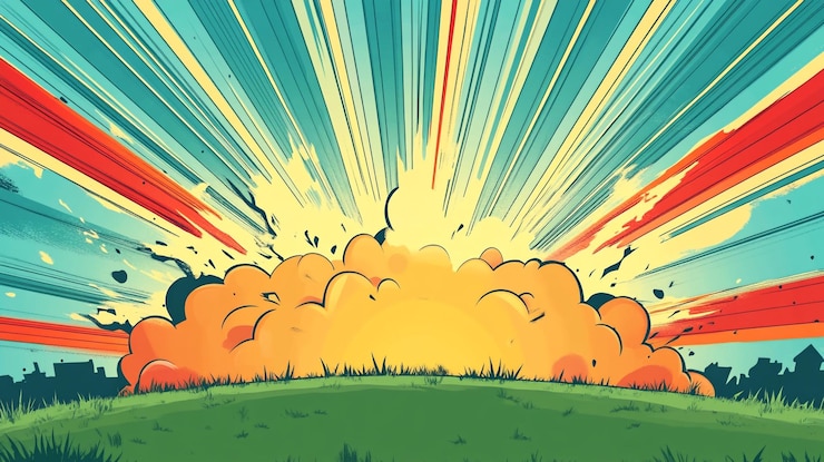 Explosión colorida en un paisaje de dibujos animados con rayos que emanan de una nube brillante