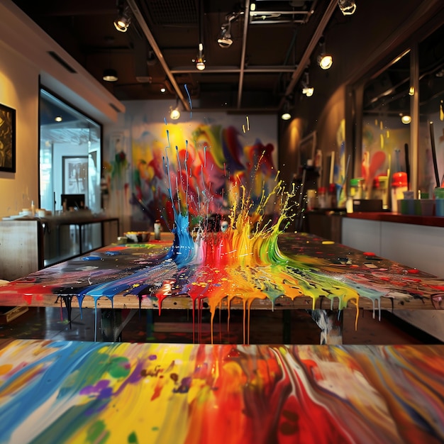 Foto explosión de creatividad salpicaduras dinámicas de pintura en el lienzo en un entorno de taller artístico
