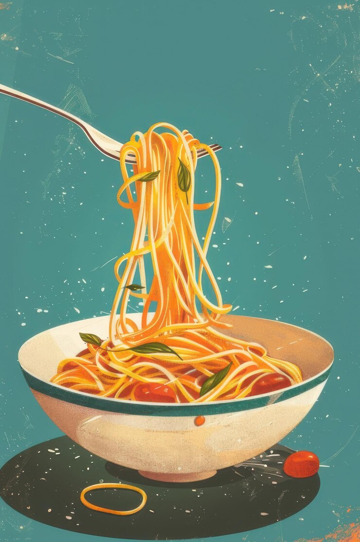 Explosión dinámica de espagueti con tomates y verduras que crea una representación vibrante y enérgica de la cocina italiana