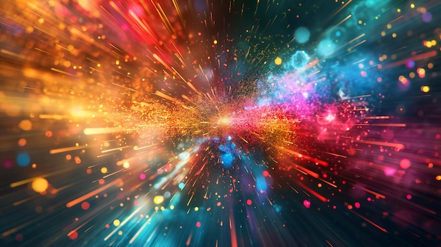 Explosión dinámica de partículas de luz multicolores que crean un efecto visual vibrante e intenso de sp