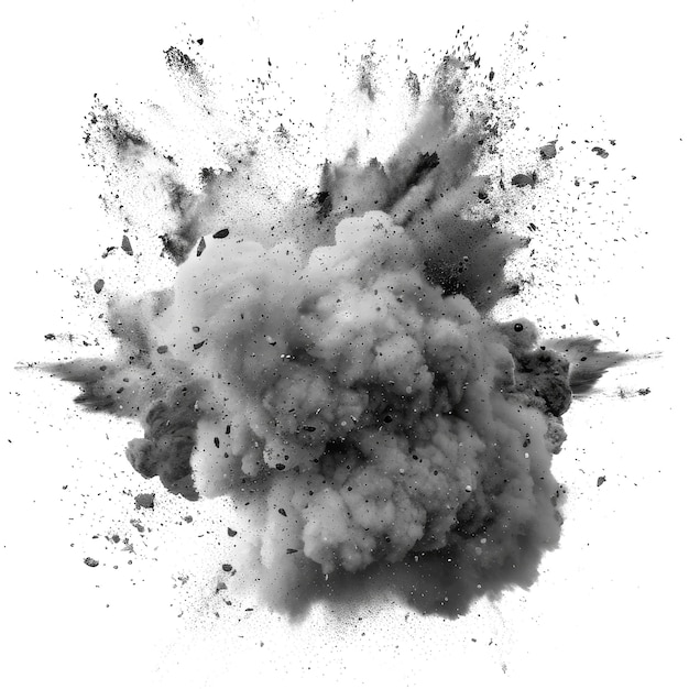Explosión dramática que crea una nube de humo y escombros contra un fondo blanco